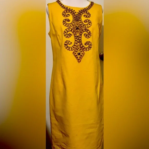 Ellen Tracy Dresses | Ellen Tracy Yellow Gold Beaded Sheath Dress Sz 8 | Color: Gold | Size: 8 | Leyli_Ayala's Closet